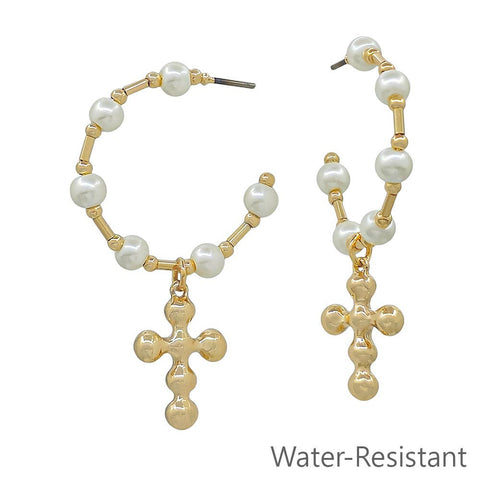 Pearl Beaded Hoop with Cross Drop 1.25" Earring